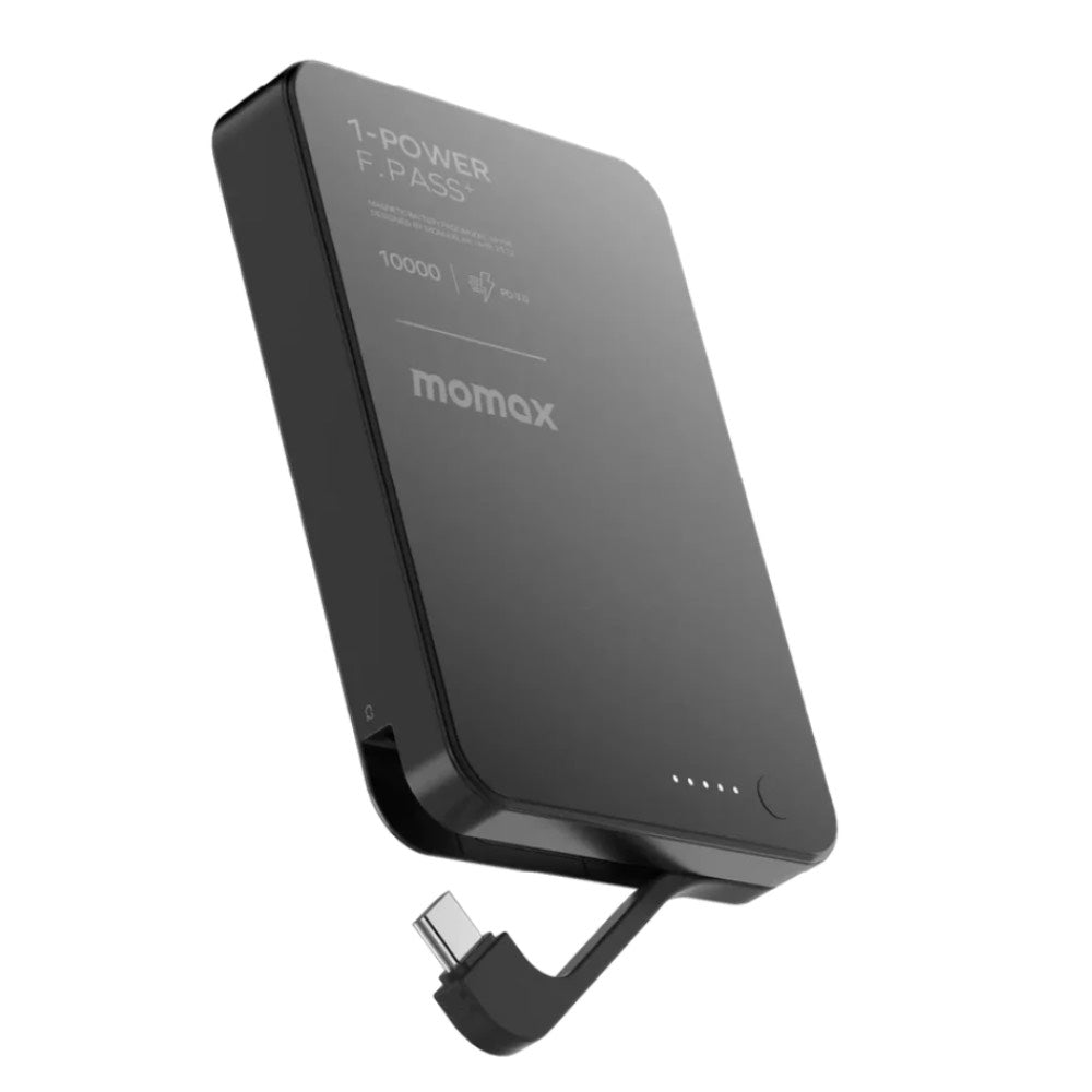 MOMAX 1-POWER F.PASS+ 10000mAh Magnetic Power Bank with Hidden USB-C Cable Portable Fast Charging Charger - Black