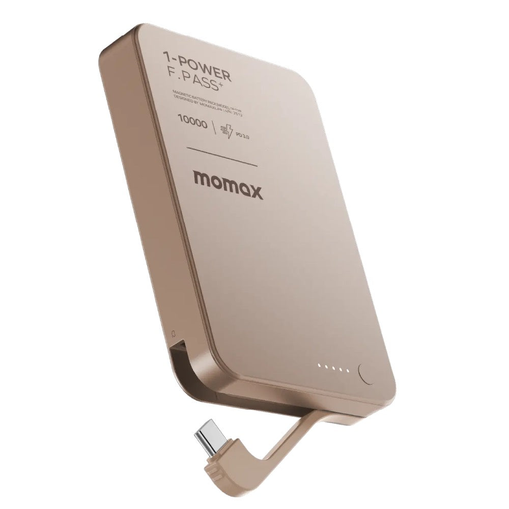 MOMAX 1-POWER F.PASS+ 10000mAh Magnetic Power Bank with Hidden USB-C Cable Portable Fast Charging Charger - Titanium Gold