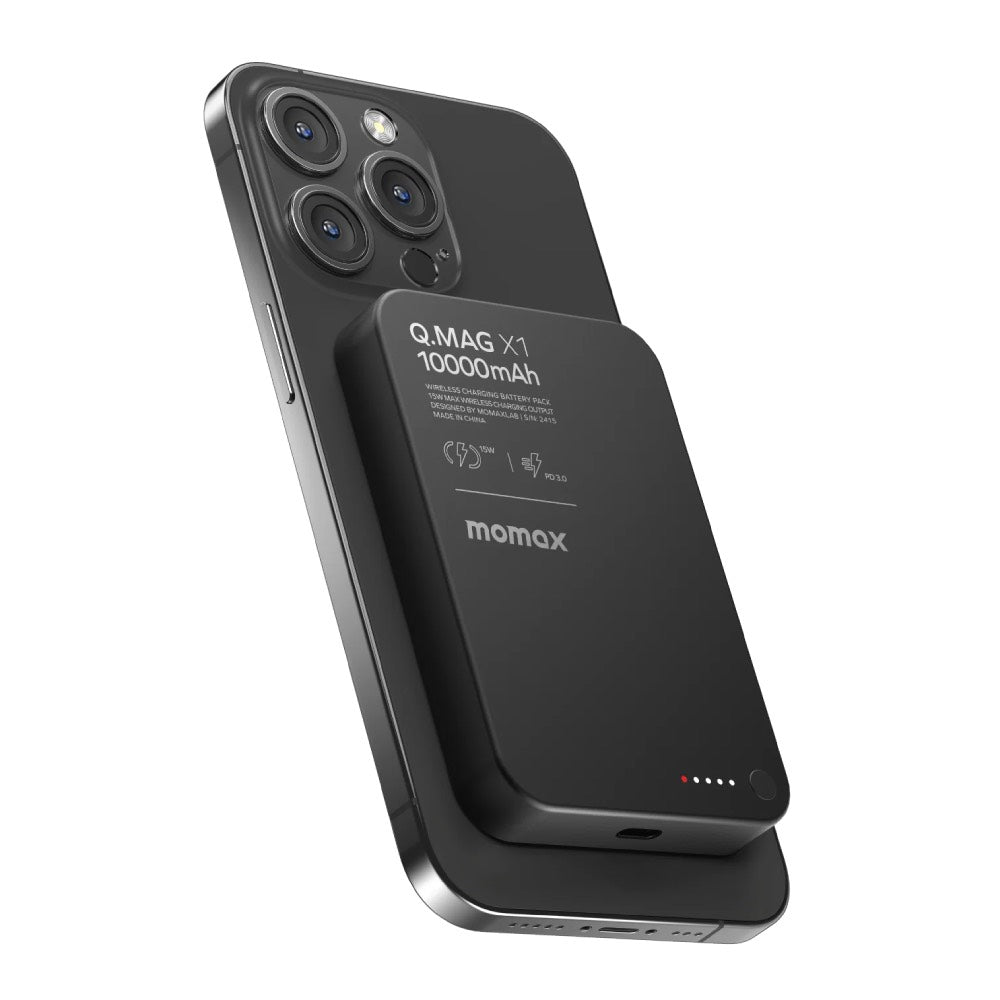 MOMAX Q.MAG X1 10000mAh Magnetic Power Bank Aluminum Alloy+Tempered Glass Slim Battery Pack - Black